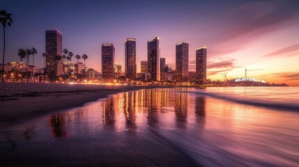 Fototapeta premium Coastal city skyline at sunset, reflected in tranquil ocean.