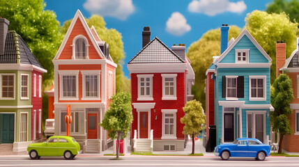 Charming Suburban Homes on a Tree-Lined Street, Exuding Peaceful Neighborhood Vibes with Vibrant Colors and Classic Architecture.