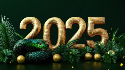 Chinese New Year. Golden 2025 numbers entwined with a green snake and tropical leaves.