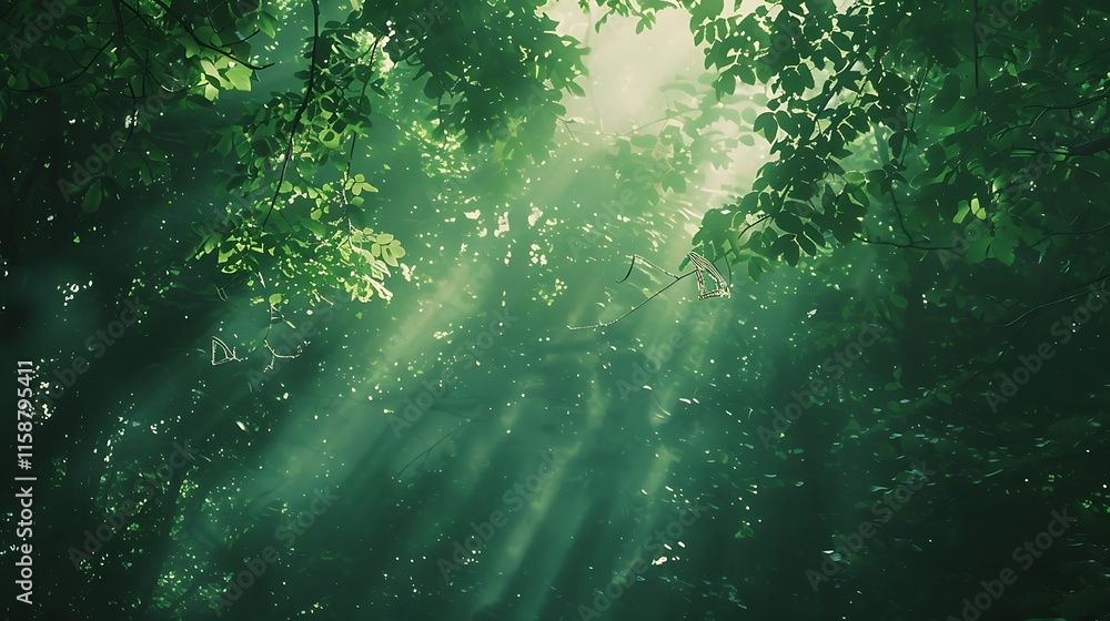 Poster sunlight streams through dense green tree canopy, creating beams of light in a forest. evokes a sens