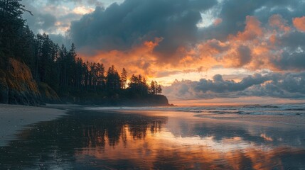 Naklejka premium Dramatic sunset over ocean beach with silhouetted trees reflecting in calm water.