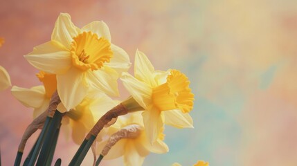 Obraz premium A close-up of vibrant yellow daffodils against a soft pastel backdrop, side angle shot, Romantic style