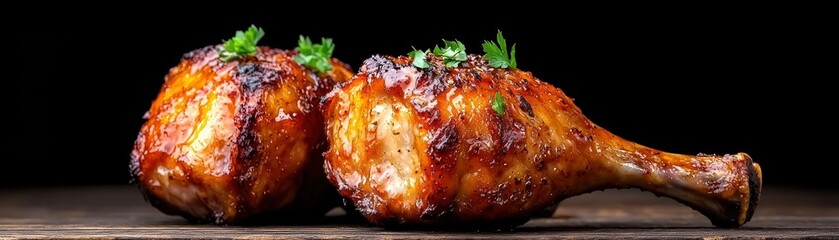 Delicious Grilled Chicken Drumsticks with Glaze and Fresh Herbs on Dark Background