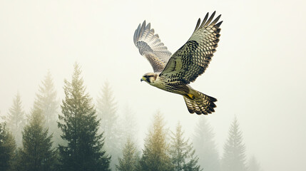Fototapeta premium majestic falcon soaring gracefully over misty forest landscape