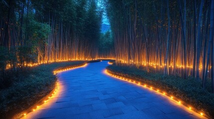 Illuminated pathway winding through a bamboo forest at night.