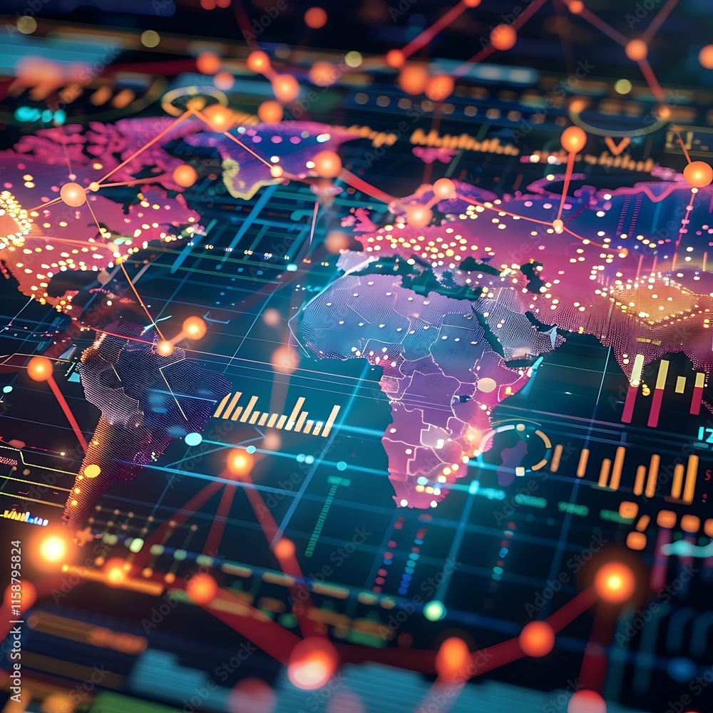 Poster abstract digital world map with glowing connections and data overlays, symbolizing global networks, 