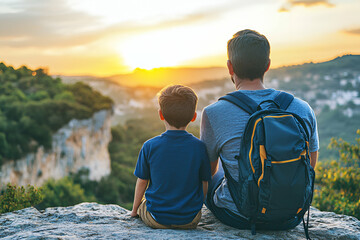 Fototapeta premium Sunset Hike, Father and Son Enjoy Scenic View, Sharing Adventure and Bonding Moment Peacefully.