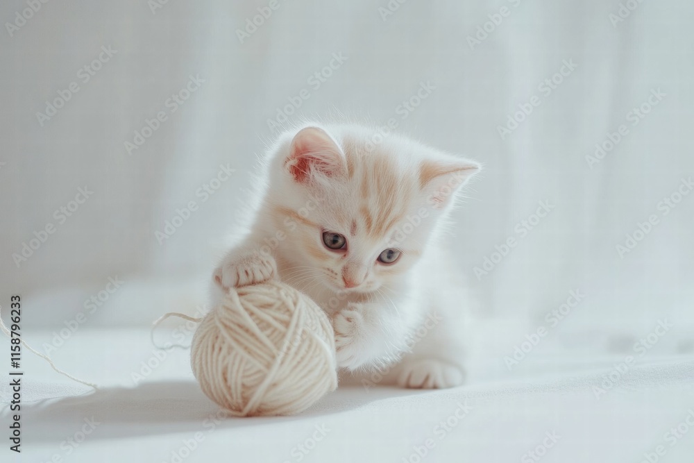 Poster cute kitten enjoys playful moments with a soft ball of yarn in a cozy indoor setting during daylight