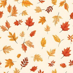 Seamless pattern featuring an array of fall leaves scattered across a clean white background