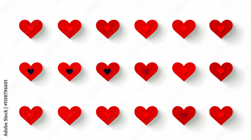 Poster red hearts pattern, a symbol of love, arranged in rows with subtle variations in color and size. ill