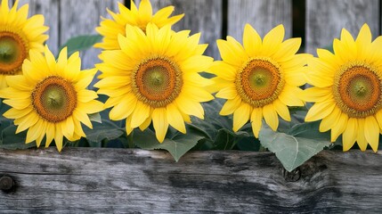 Obraz premium A close-up of vibrant yellow sunflowers against a rustic wooden fence, diagonal shot, Countryside style