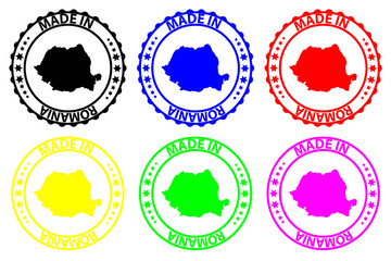 Made in Romania - rubber stamp - vector, Romania map pattern - black, blue, green, yellow, purple and red
