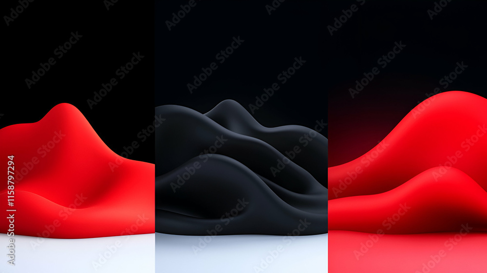 Poster abstract red & black wave forms, sculptural shapes flow dynamically in a dark setting.