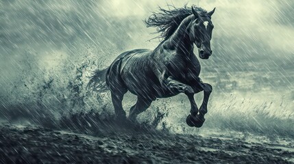 Majestic black horse galloping through stormy water, splashing, windswept mane.