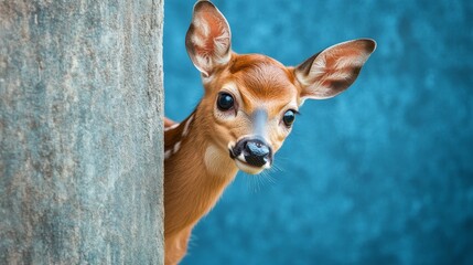 Curious Deer Peeking, Adorable Baby Deer, Blue Background, Wild Animal Portrait, Natural Wildlife Photography