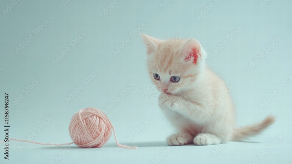 Poster cute kitten joyfully interacts with a soft ball of yarn during a playful afternoon indoors. generati