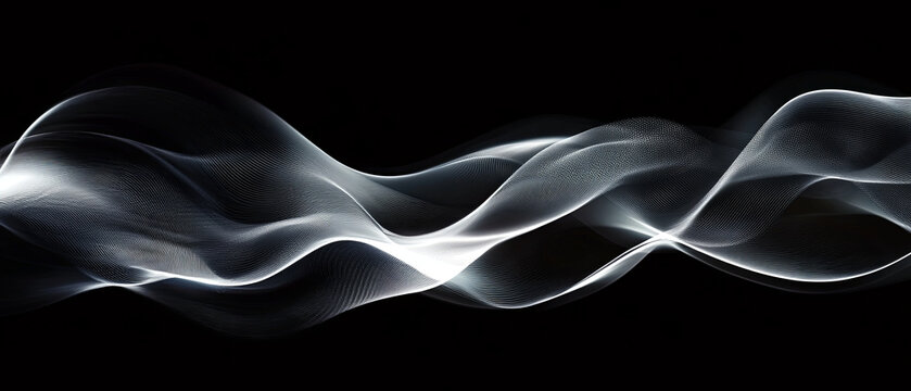 Elegant abstract waves with metallic silver lines on black background