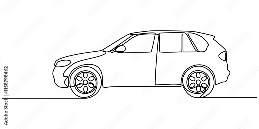 Fototapete Continuous line drawing of modern car, Abstract small car in continuous line art drawing style. Minimalist black linear sketch isolated on white background vector illustration. Premium pro vector.