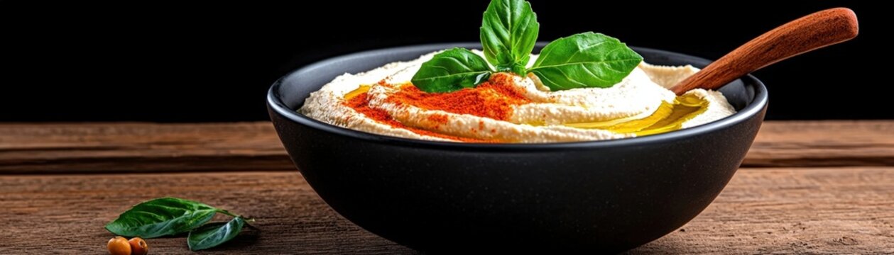 Creamy Hummus Topped with Olive Oil and Spices in Black Bowl on Wooden Table