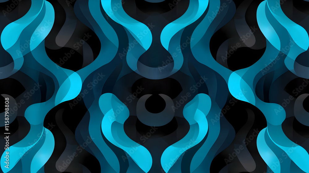 Poster abstract teal & black waves, fluid design seamless pattern creates a mesmerizing visual rhythm with 