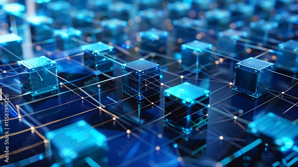 Poster abstract 3d network of interconnected blue cubes, symbolizing data connection, blockchain technology