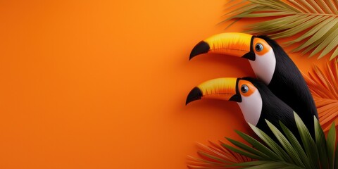Naklejka premium Two colorful toucans peek from behind green palm leaves against a vibrant orange background, creating a tropical and lively scene.