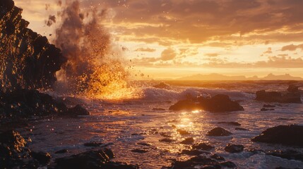 Dramatic sunset ocean wave crashing against volcanic rocks.