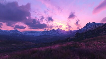Obraz premium Vibrant sunset over snow-capped mountains and purple grass.