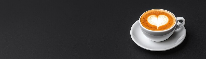 Heart Shaped Latte Art in a White Coffee Cup on a Dark Background