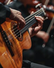 Fototapeta premium Musician playing a classical guitar. Close-up of male hands.