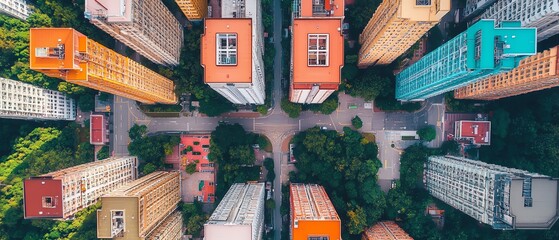 Aerial view of city buildings and lush green trees.  Urban landscape from above showing vibrant colors and architectural details.