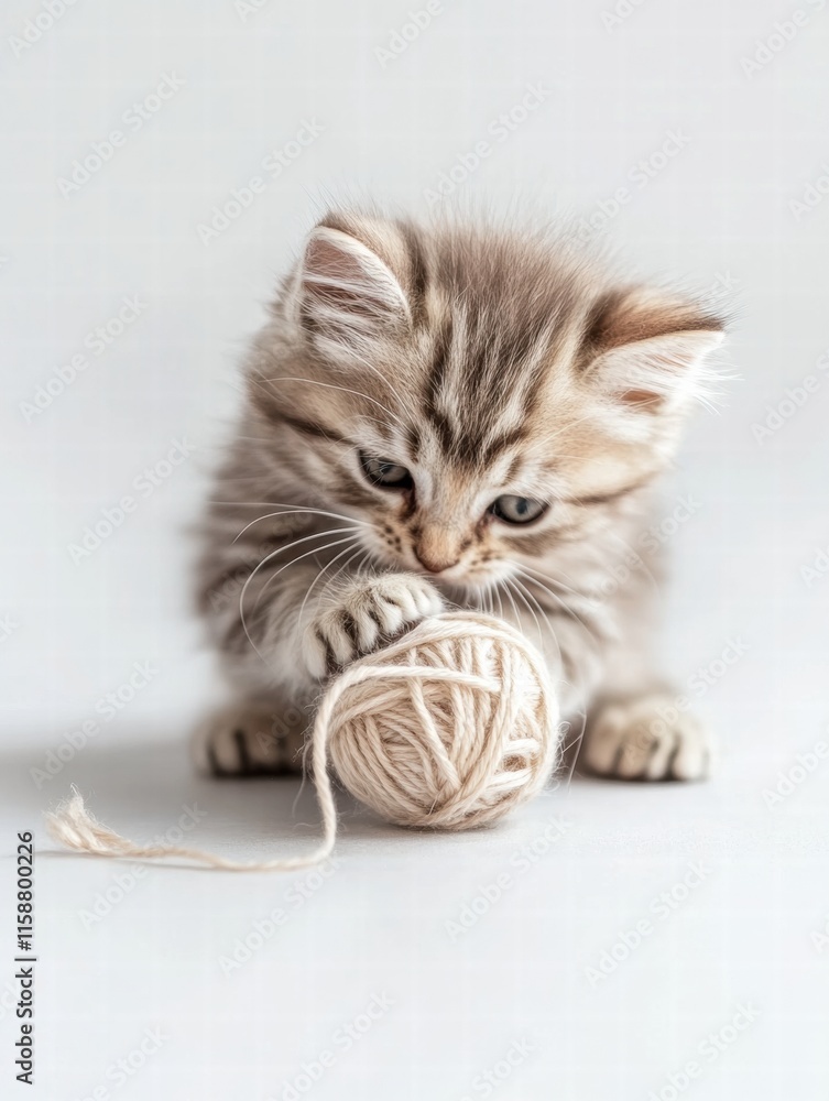 Poster cute kitten joyfully playing with a soft ball of yarn on a light surface in a playful indoor setting