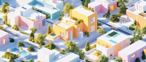 Aerial view of a vibrant pastel-colored neighborhood with modern houses, lush greenery, and swimming pools. Ideal for real estate, architecture, and urban development.