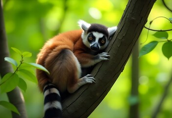 Fototapeta premium Crowned lemur relaxing on a tree branch in the forest
