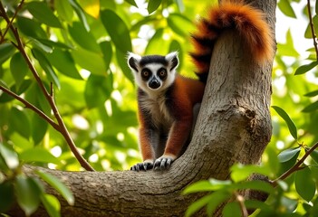 Obraz premium Crowned lemur sitting on a tree branch in Madagascar rainforest