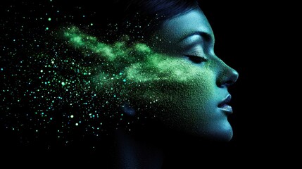Woman's face with green glitter and nebula effect.