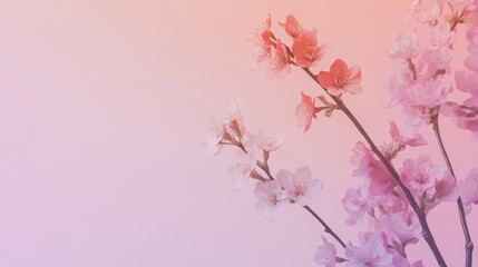 Fototapeta premium A cluster of delicate pink cherry blossom branches on a soft gradient from peach to lavender background, close-up shot, Minimalist style