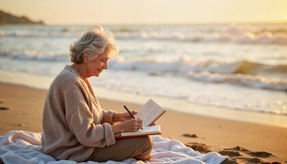Senior woman journaling by the sea at sunset