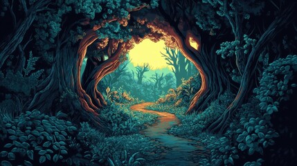 A Sunlit Path Through a Dense, Mystical Forest