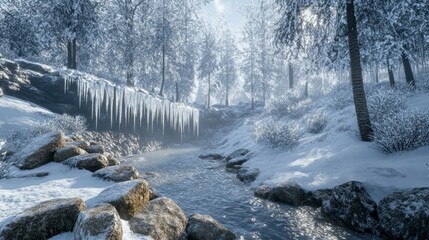 A breathtaking winter landscape featuring a small creek flowing through a snowy forest, with icicles hanging from the rocks along the banks.