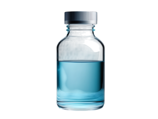 Glass medical bottle filled with liquid, isolated on a transparent background, created using generative AI, highlighting the clarity of the bottle and the fluid inside.