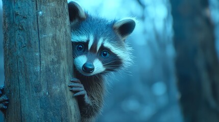 Cute curious raccoon peeking from behind tree, adorable animal in forest, wildlife photography, nature scene, blue tones