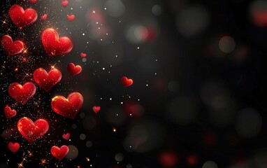 Bold black background with glowing red hearts and a romantic light halo for valentines day