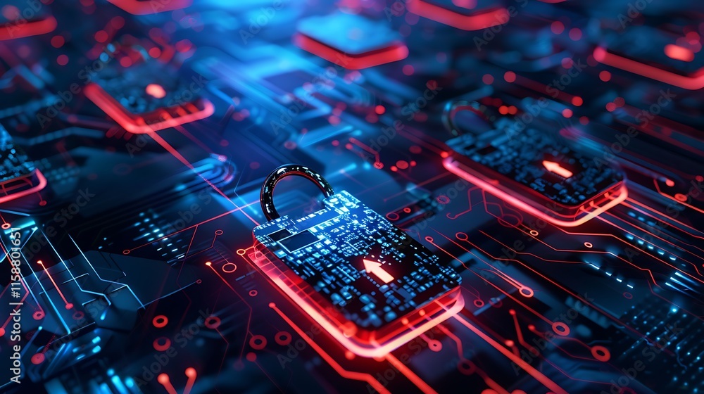 Poster digital padlocks on a circuit board with glowing connections. represents cybersecurity, data protect