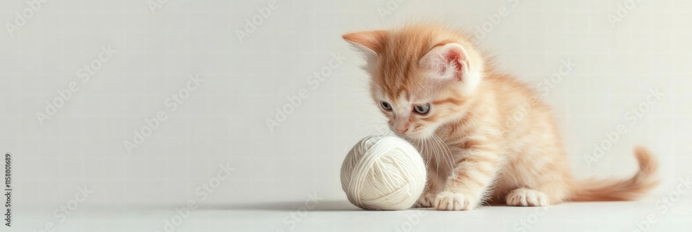 Poster cute kitten engages in playful antics with a soft ball of yarn in a bright, cozy indoor setting duri