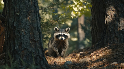 playful raccoon exploring forested area, surrounded by trees and foliage