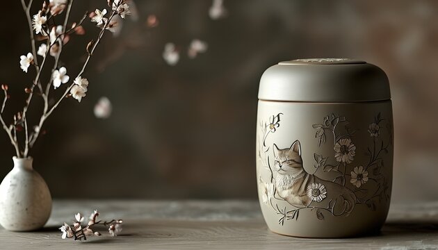 Elegant floral urn with cat design for memorials - Powered by Adobe