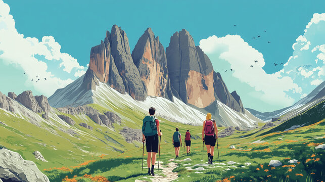 Illustration, Parco Naturale Tre Crime di Lavaredo in Italy, Drei Zinnen. touristic advertisement poster. Hikers with Drei zinnen mountain in the background, Italian Dolomites, mountains. Outdoor adve