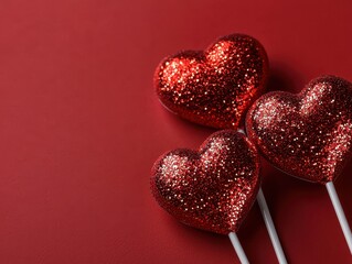 Fototapeta premium Three sparkling red heart-shaped lollipops on a matching red background, perfect for celebrating love and special occasions.