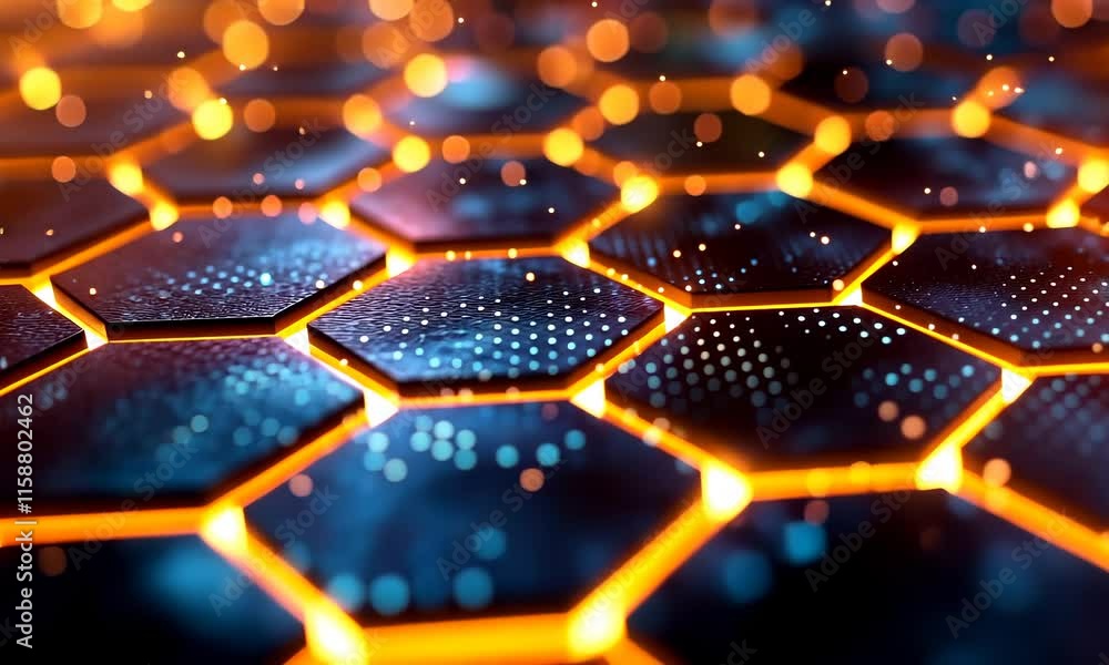 Poster illuminated geometry: abstract background of glowing hexagons